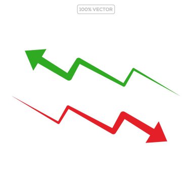 Vektör simgesini aşağı indirin. Yeşil yukarı, kırmızı aşağı ok işareti. Kripto para birimi, hisse senedi ve önx yatırım ticaret analizi sembolü.