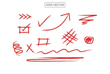 kırmızı çizgi koleksiyonu kurşun kalemle ya da tebeşirle işaretlenmiş ve notlar için altı çizili - kontrol işaretleri ve daireler, karalamalar ve dalgalı vuruşlar. resimleme