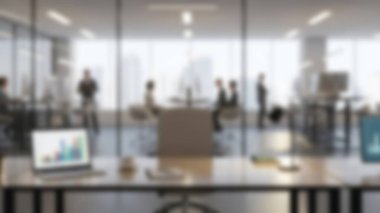 Toplantıda, grafikleri ve grafikleri tartışan profesyonellerle bulanık modern ofis içi.