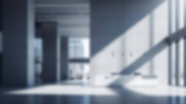 Parlak, modern bir ofis. Güneş ışığıyla yıkanmış, dramatik geometrik ışık ve gölge desenleri yaratıyor..