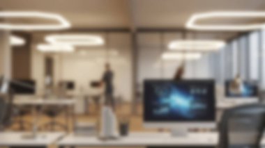 Çalışma istasyonları, bilgisayarlar ve belli belirsiz figürlerle dolu modern bir ofis içinin bulanık bir görüntüsü.