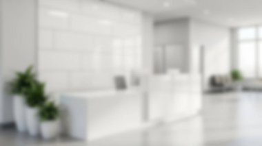 Parlak, modern ofis lobisi, temiz beyaz resepsiyon masası, minimalist mobilyalar ve yemyeşil bitkiler..