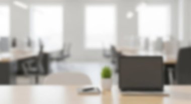 Bilgisayarlı modern ofis içi ve masasında bulanık arka planlı bitki..