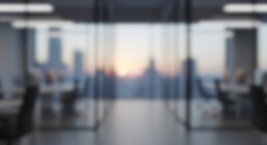 Modern Çalışma Alanından Bulanık Ofis Görünümü Şehrin Gökyüzüne Gün Doğumu.