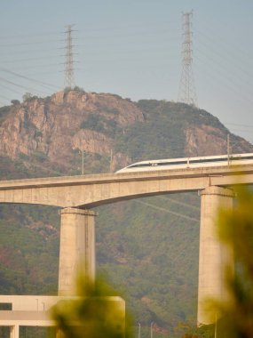 Tren, dağ manzarası yakınlarındaki köprüden geçiyor.