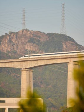 Tren, dağların yakınındaki köprüden geçiyor.