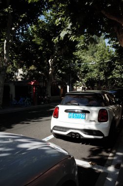 Yeşil ağaçların yanına park edilmiş beyaz araba.