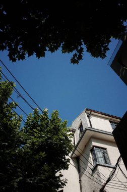 Mavi gökyüzüne ve binalara bakıyorum