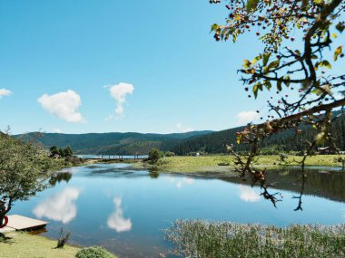 Sakin göl mavi gökyüzünü ve ağaçları yansıtıyor.