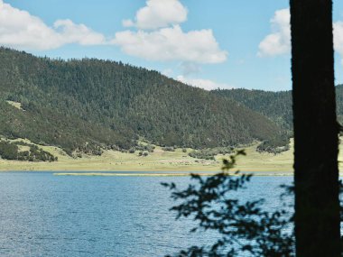 Yeşil tepelerle çevrili sakin göl