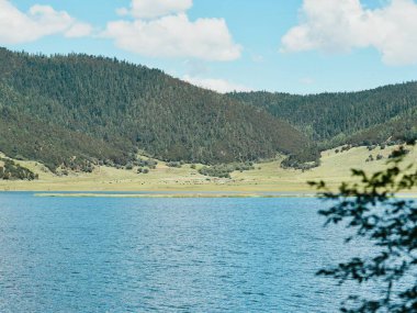 Sakin göl, yeşil tepeleri ve bulutları yansıtıyor.