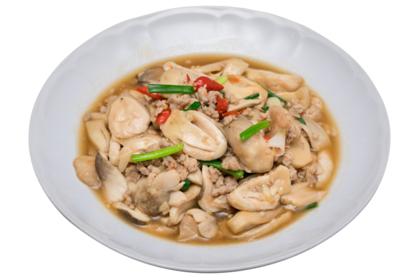 Şeffaf arkaplanda izole edilmiş istiridye soslu kıymalı saman mantarı.