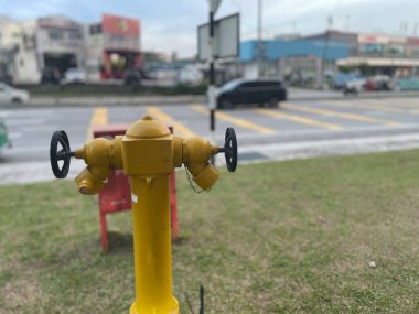 İki siyah tekerleği olan parlak sarı bir yangın musluğu bir sokak ve ticaret alanının yakınında çimlerin üzerinde duruyor.