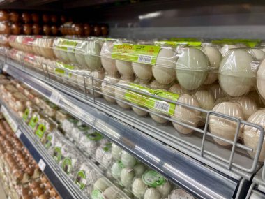 Kuala Lumpur, Malezya - 6 Aralık 2025: Açık yeşil ve bej renkli ördek yumurtalarının bir market rafında sergilenen karton kutular içinde yakın plan