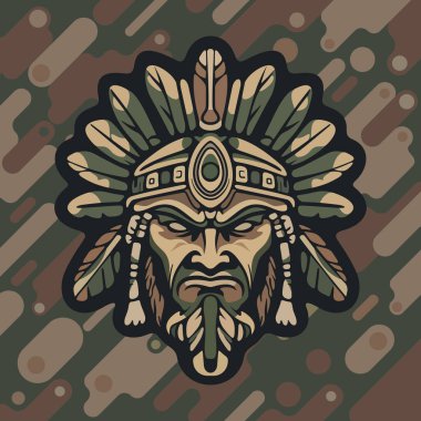 Koyu renkli kamuflaj arka planında stilize edilmiş yapraklar ve süslü etnik detaylarla çevrili sert yüzlü kabile maskeli savaşçı kızılderili.