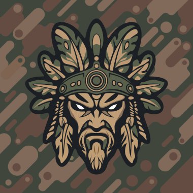 Koyu renkli kamuflaj arka planında stilize edilmiş yapraklar ve süslü etnik detaylarla çevrili sert yüzlü kabile maskeli savaşçı kızılderili.