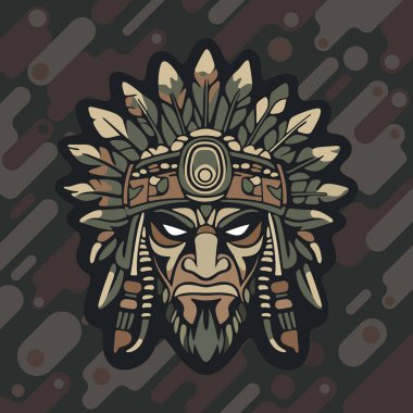 Koyu renkli kamuflaj arka planında stilize edilmiş yapraklar ve süslü etnik detaylarla çevrili sert yüzlü kabile maskeli savaşçı kızılderili.