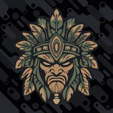 Tribal mask warrior indian with stern face surrounded by stylized leaves and ornamental ethnic details on a dark stylized camouflage background