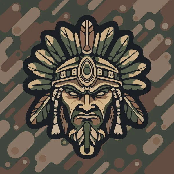 Koyu renkli kamuflaj arka planında stilize edilmiş yapraklar ve süslü etnik detaylarla çevrili sert yüzlü kabile maskeli savaşçı kızılderili.