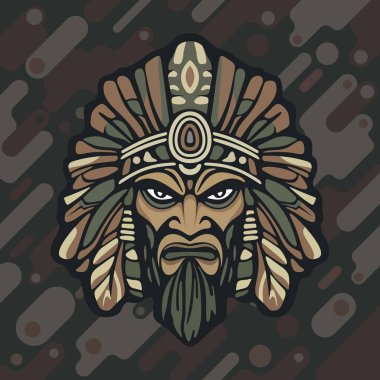 Koyu renkli kamuflaj arka planında stilize edilmiş yapraklar ve süslü etnik detaylarla çevrili sert yüzlü kabile maskeli savaşçı kızılderili.