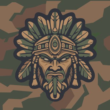 Koyu renkli kamuflaj arka planında stilize edilmiş yapraklar ve süslü etnik detaylarla çevrili sert yüzlü kabile maskeli savaşçı kızılderili.