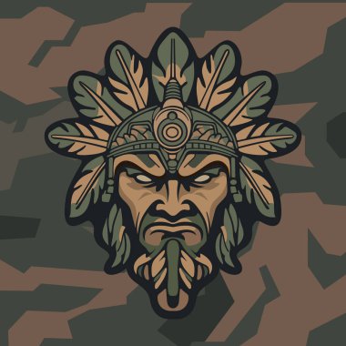 Koyu renkli kamuflaj arka planında stilize edilmiş yapraklar ve süslü etnik detaylarla çevrili sert yüzlü kabile maskeli savaşçı kızılderili.