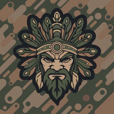 Koyu renkli kamuflaj arka planında stilize edilmiş yapraklar ve süslü etnik detaylarla çevrili sert yüzlü kabile maskeli savaşçı kızılderili.