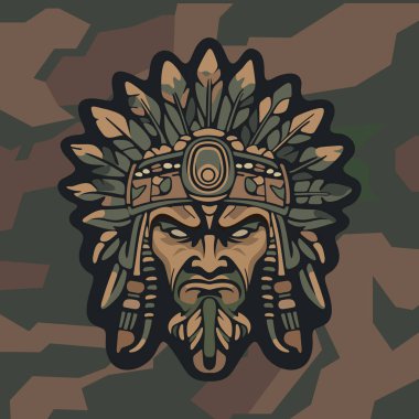 Koyu renkli kamuflaj arka planında stilize edilmiş yapraklar ve süslü etnik detaylarla çevrili sert yüzlü kabile maskeli savaşçı kızılderili.