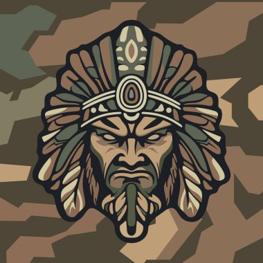 Koyu renkli kamuflaj arka planında stilize edilmiş yapraklar ve süslü etnik detaylarla çevrili sert yüzlü kabile maskeli savaşçı kızılderili.