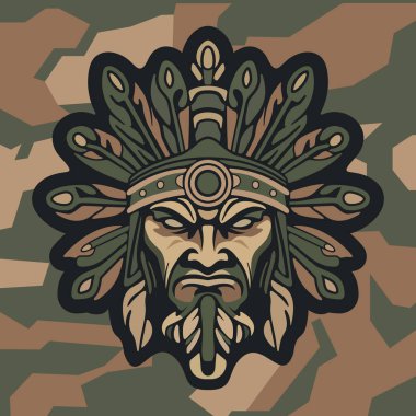 Koyu renkli kamuflaj arka planında stilize edilmiş yapraklar ve süslü etnik detaylarla çevrili sert yüzlü kabile maskeli savaşçı kızılderili.
