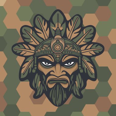 Koyu renkli kamuflaj arka planında stilize edilmiş yapraklar ve süslü etnik detaylarla çevrili sert yüzlü kabile maskeli savaşçı kızılderili.