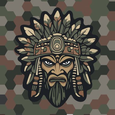 Koyu renkli kamuflaj arka planında stilize edilmiş yapraklar ve süslü etnik detaylarla çevrili sert yüzlü kabile maskeli savaşçı kızılderili.