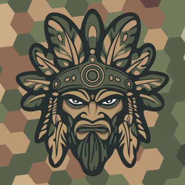 Koyu renkli kamuflaj arka planında stilize edilmiş yapraklar ve süslü etnik detaylarla çevrili sert yüzlü kabile maskeli savaşçı kızılderili.