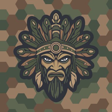 Koyu renkli kamuflaj arka planında stilize edilmiş yapraklar ve süslü etnik detaylarla çevrili sert yüzlü kabile maskeli savaşçı kızılderili.
