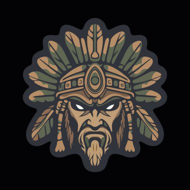 Sert yüzlü kabile maskeli Kızılderili stilize edilmiş yapraklar ve karanlık arka planda süslü etnik detaylarla çevrili.