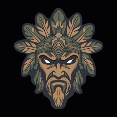 Koyu renkli kamuflaj arka planında stilize edilmiş yapraklar ve süslü etnik detaylarla çevrili sert yüzlü kabile maskeli savaşçı kızılderili.