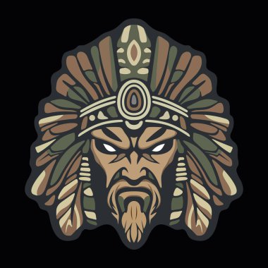 Koyu renkli kamuflaj arka planında stilize edilmiş yapraklar ve süslü etnik detaylarla çevrili sert yüzlü kabile maskeli savaşçı kızılderili.