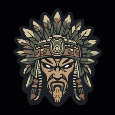 Koyu renkli kamuflaj arka planında stilize edilmiş yapraklar ve süslü etnik detaylarla çevrili sert yüzlü kabile maskeli savaşçı kızılderili.