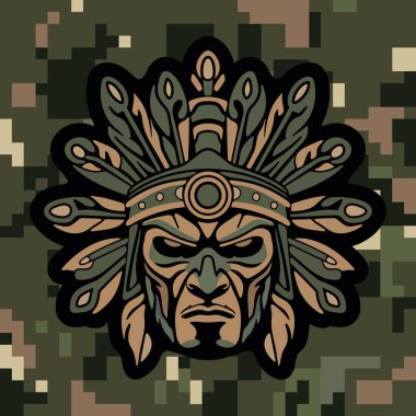 Koyu renkli kamuflaj arka planında stilize edilmiş yapraklar ve süslü etnik detaylarla çevrili sert yüzlü kabile maskeli savaşçı kızılderili.
