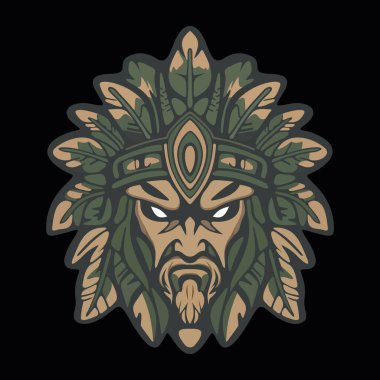 Koyu renkli kamuflaj arka planında stilize edilmiş yapraklar ve süslü etnik detaylarla çevrili sert yüzlü kabile maskeli savaşçı kızılderili.