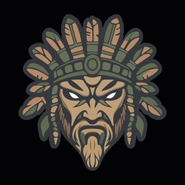 Koyu renkli kamuflaj arka planında stilize edilmiş yapraklar ve süslü etnik detaylarla çevrili sert yüzlü kabile maskeli savaşçı kızılderili.