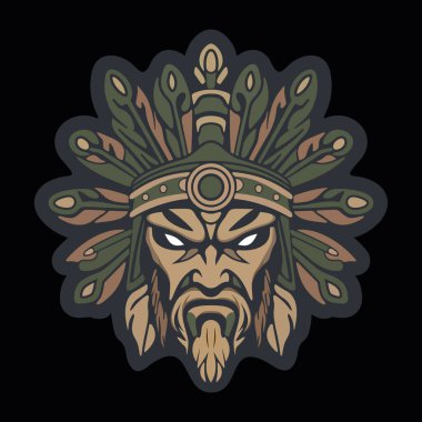 Koyu renkli kamuflaj arka planında stilize edilmiş yapraklar ve süslü etnik detaylarla çevrili sert yüzlü kabile maskeli savaşçı kızılderili.