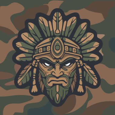 Koyu renkli kamuflaj arka planında stilize edilmiş yapraklar ve süslü etnik detaylarla çevrili sert yüzlü kabile maskeli savaşçı kızılderili.