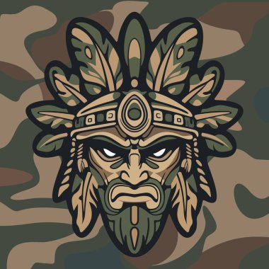 Koyu renkli kamuflaj arka planında stilize edilmiş yapraklar ve süslü etnik detaylarla çevrili sert yüzlü kabile maskeli savaşçı kızılderili.