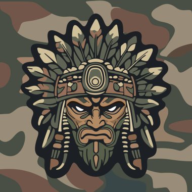 Koyu renkli kamuflaj arka planında stilize edilmiş yapraklar ve süslü etnik detaylarla çevrili sert yüzlü kabile maskeli savaşçı kızılderili.