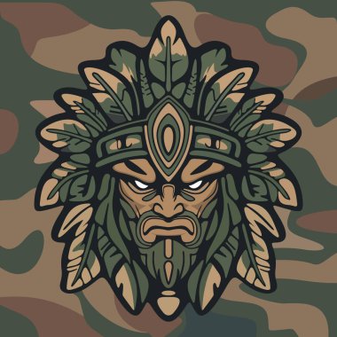 Koyu renkli kamuflaj arka planında stilize edilmiş yapraklar ve süslü etnik detaylarla çevrili sert yüzlü kabile maskeli savaşçı kızılderili.