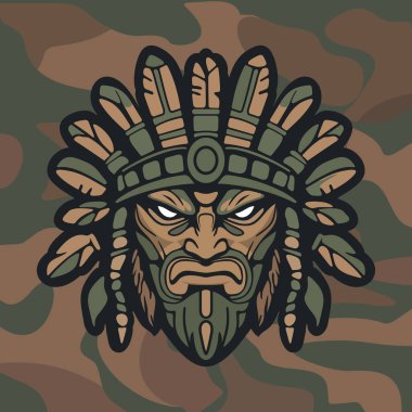 Koyu renkli kamuflaj arka planında stilize edilmiş yapraklar ve süslü etnik detaylarla çevrili sert yüzlü kabile maskeli savaşçı kızılderili.