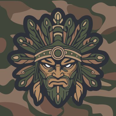 Koyu renkli kamuflaj arka planında stilize edilmiş yapraklar ve süslü etnik detaylarla çevrili sert yüzlü kabile maskeli savaşçı kızılderili.