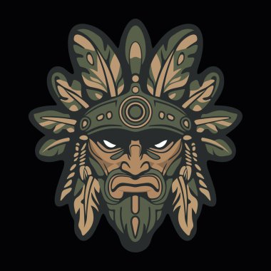 Koyu renkli kamuflaj arka planında stilize edilmiş yapraklar ve süslü etnik detaylarla çevrili sert yüzlü kabile maskeli savaşçı kızılderili.