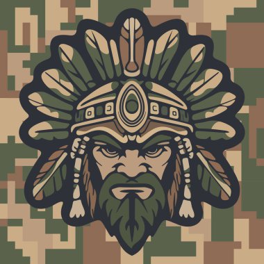 Koyu renkli kamuflaj arka planında stilize edilmiş yapraklar ve süslü etnik detaylarla çevrili sert yüzlü kabile maskeli savaşçı kızılderili.